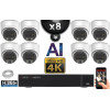 Kit Vidéo Surveillance PRO IP 8x Caméras POE Dômes AI IR 25M Capteur SONY UHD 4K + Enregistreur NVR 10 canaux H265+ 2000 Go