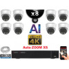 Kit Vidéo Surveillance PRO IP 8x Caméras POE Dômes AI AUTOZOOM X5 IR 25M UHD 4K + Enregistreur NVR 10 canaux H265+ 4K 2000 Go