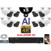 Kit Vidéo Surveillance PRO IP 8x Caméras POE Tubes AI AUTOZOOM X5 IR 60M UHD 4K + Enregistreur NVR 10 canaux H265+ 4K 2000 Go