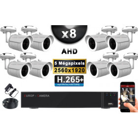 KIT PRO AHD 8 Caméras Tubes IR 30m Capteur SONY 5 MegaPixels + Enregistreur XVR 8MP H265+ 3000 Go / Pack de vidéo surveillance