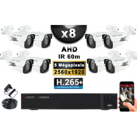 KIT PRO AHD 8 Caméras Tubes IR 60m Capteur SONY 5 MegaPixels + Enregistreur XVR 8MP H265+ 3000 Go / Pack de vidéo surveillance